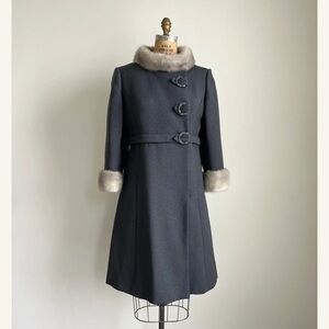 1960 60s Vintage Stegari Wool Mink Grey Coat with Belted Jewel Buttons